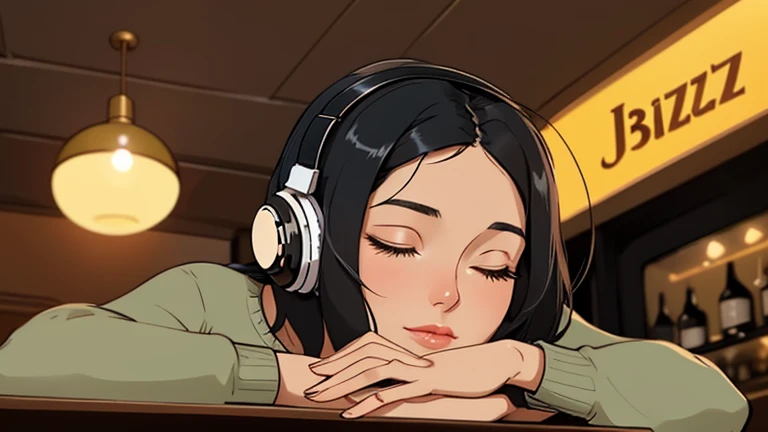 Beautiful woman in her 30s with black hair is sitting with headphones in a jazz bar. Looking down, eyes closed, LOFI girl, relaxing mood, cozy, only five fingers, Paris city, Well-proportioned face, female Beautiful fingers,
