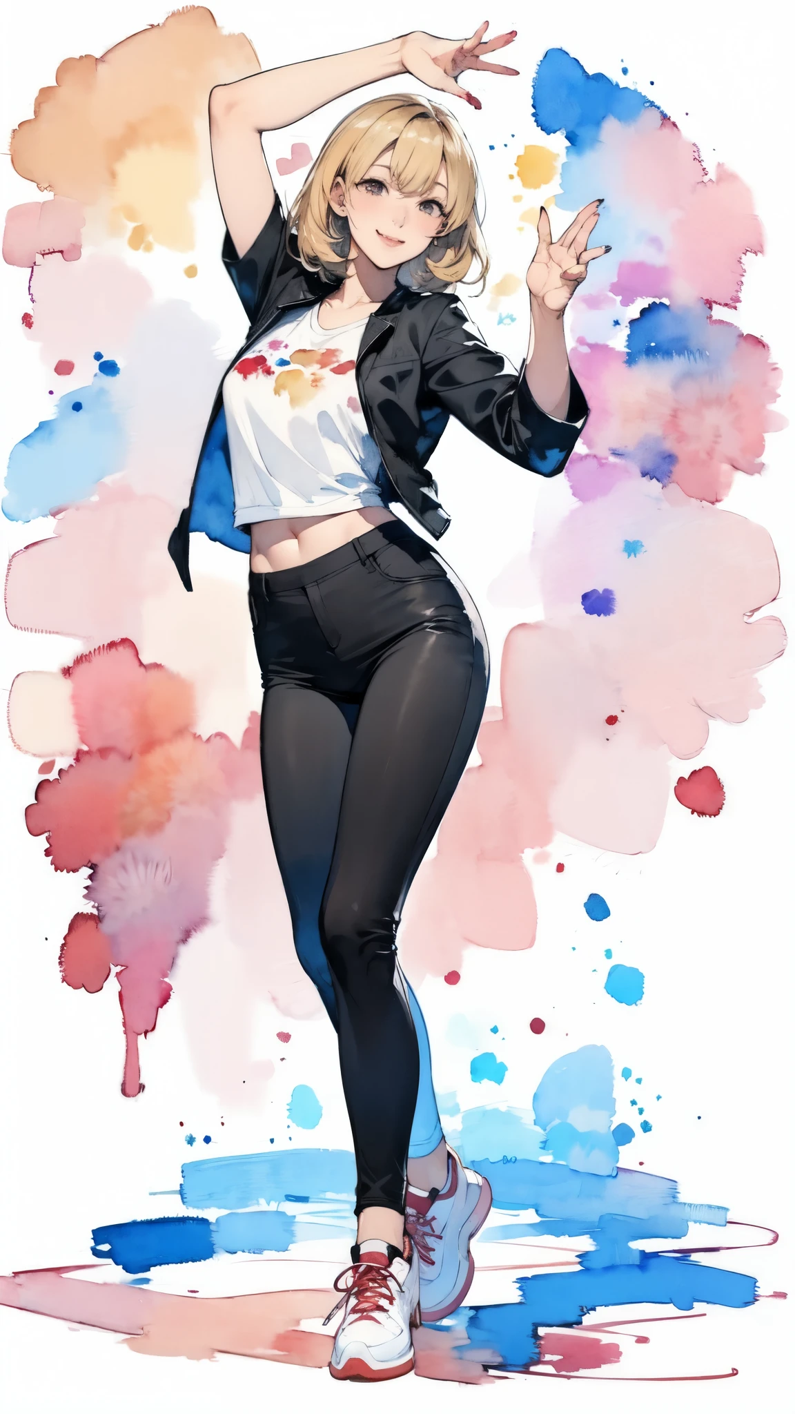 (masterpiece:1.2, Highest quality),(Very detailed),(((watercolor))),8K,wallpaper,(Black jacket),(Pop T-shirt),(Black Pants),(sneakers),26 years old,White woman,dancer,Dancing in the streets of New York,(Blonde),(((front))),(((whole body:1.5))),(smile),((Detailed hand drawing)),((Beautiful female hands)),(((透明watercolor:1.4))),(((Have a dynamic dance)))