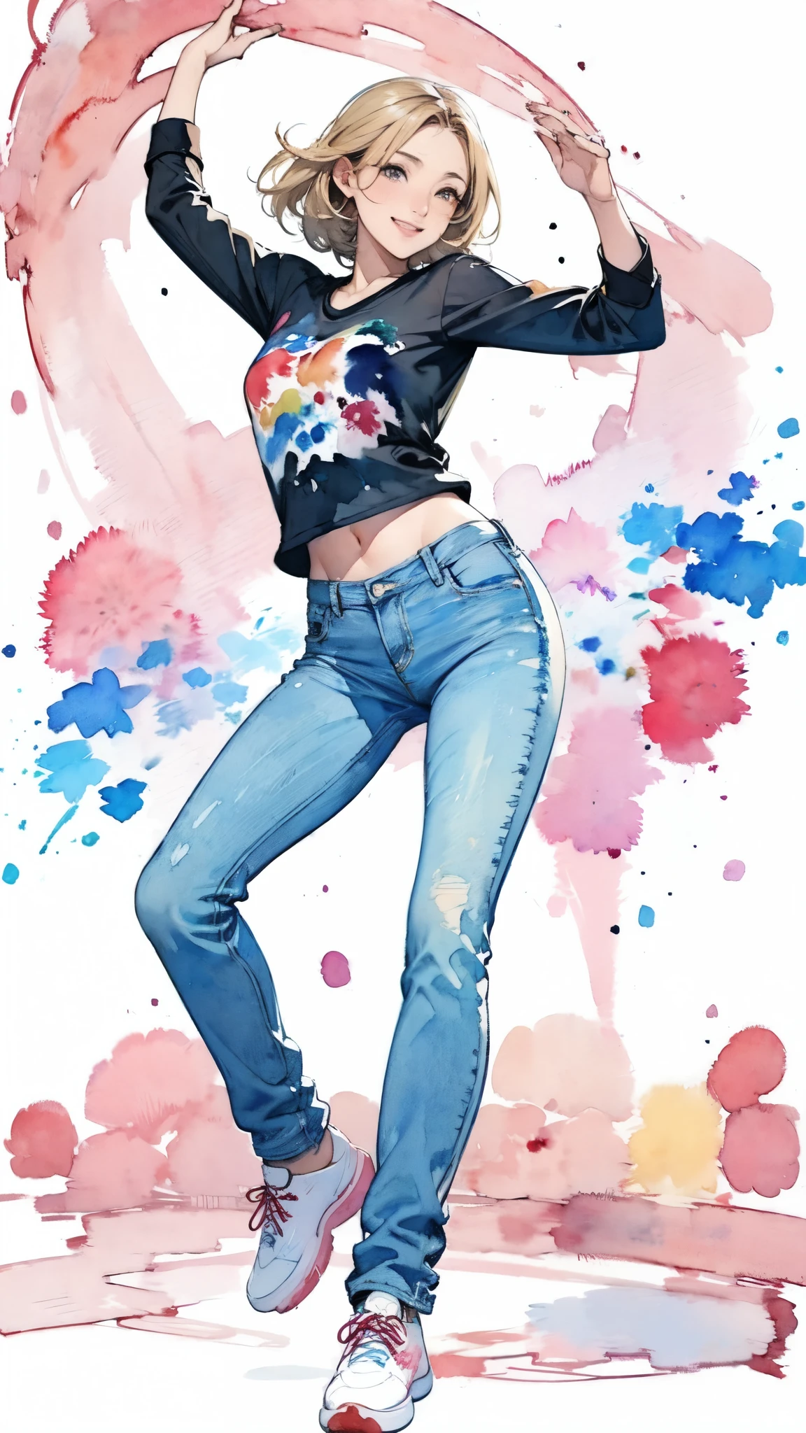 (masterpiece:1.2, Highest quality),(Very detailed),(((watercolor))),8K,wallpaper,(Black jacket),(Pop T-shirt),(jeans),(sneakers),26 years old,White woman,dancer,Dancing in the streets of New York,(Blonde),(((front))),(((whole body:1.5))),(smile),((Detailed hand drawing)),((Beautiful female hands)),(((透明watercolor:1.4))),(((Have a dynamic dance))),The background is New York