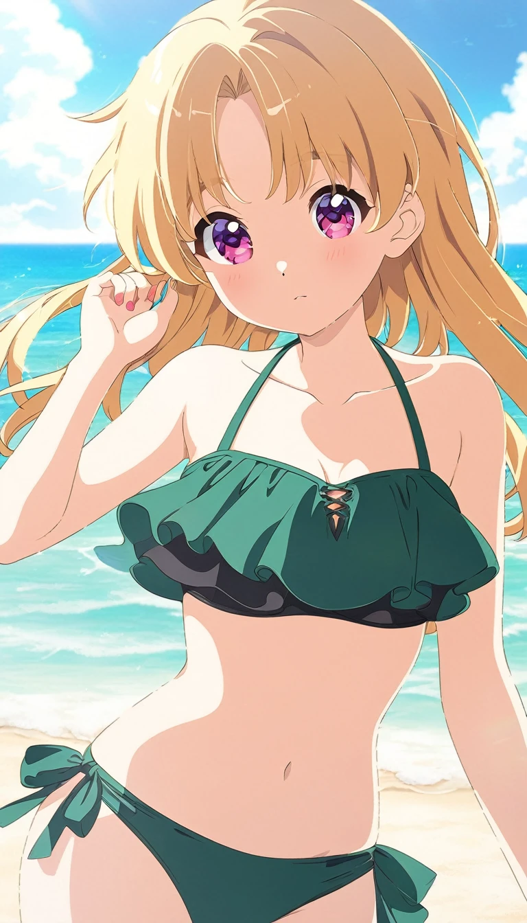 anime girl in a black Swimwear on the beach, green Swimwear, is wearing a Swimwear, Swimwear,bikini, Anime Moe Art Style, Created by Anime Painter Studio, At the Beach, At the Beach, Cute girl anime visuals, Smooth anime CG art, Blonde anime girl, High quality anime art style