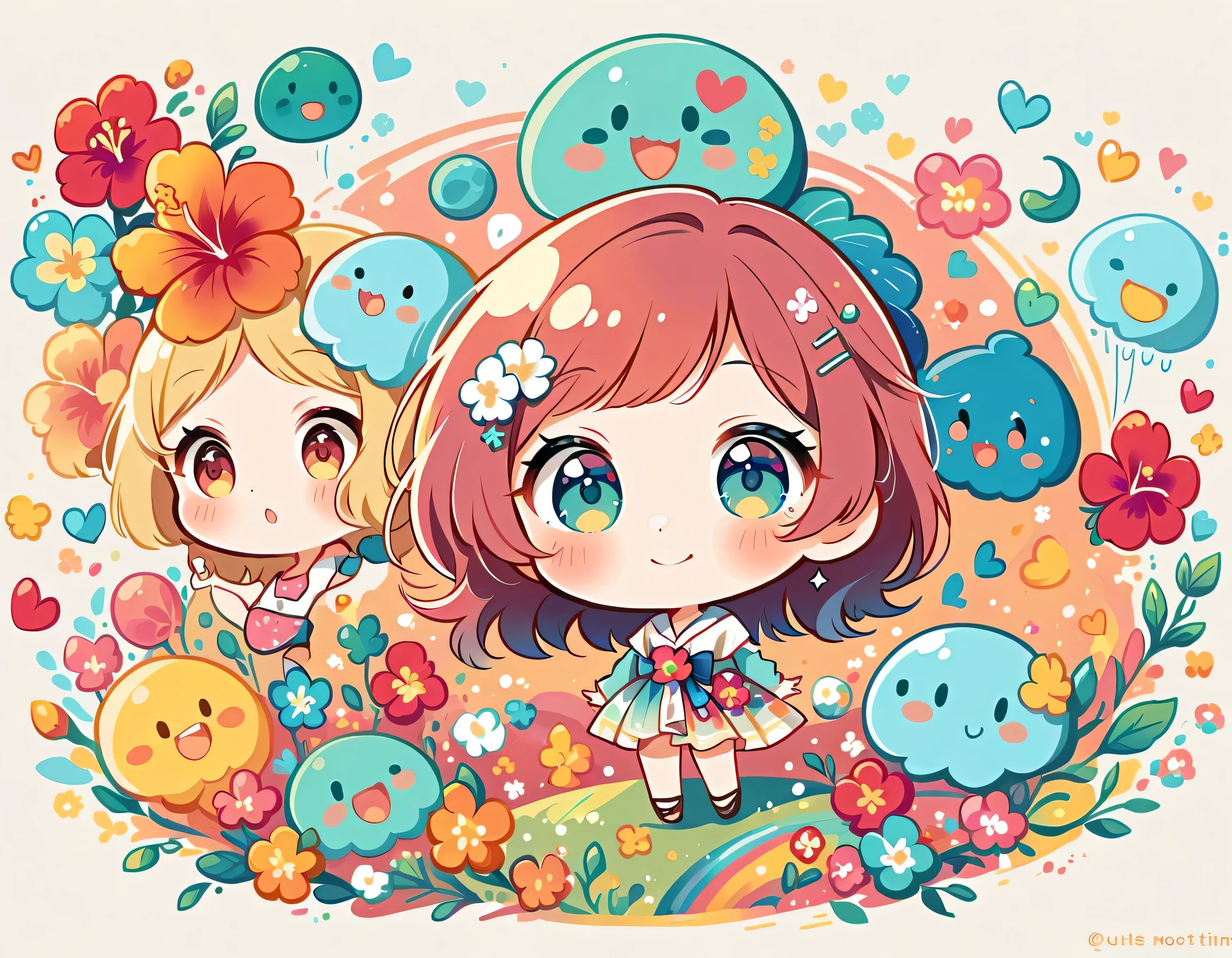 Mai Yoneyama style, Simple Line Initialism,Abstract art,Hawaii Travel, colorful hearts ,(((The most beautiful girl of all time))), (((chibi))), (((Cute amoeba))), hibiscus