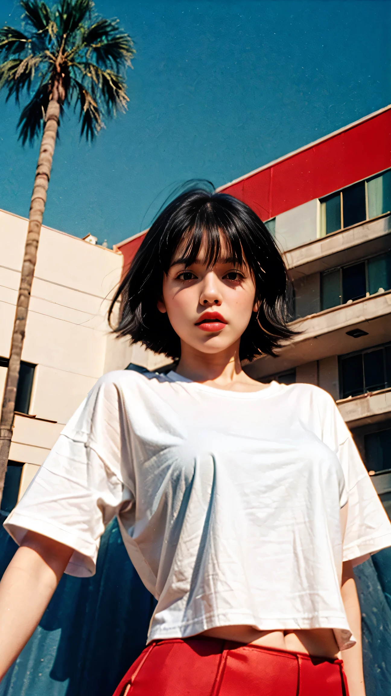 1 girl, beautiful, black bob hair, almond eye, no makeup, blank white tshirt, ((oversized_untucked tshirt)), peach tennis skirt,pose in front of ((80's mondrian architecture colorful motel)),(from below:1.2), (realistic:1.1), (surreal:1.2), (very detailed:1.1), ((masterpiece)),summer, blue sky, palm trees,sunny, los angles vibes