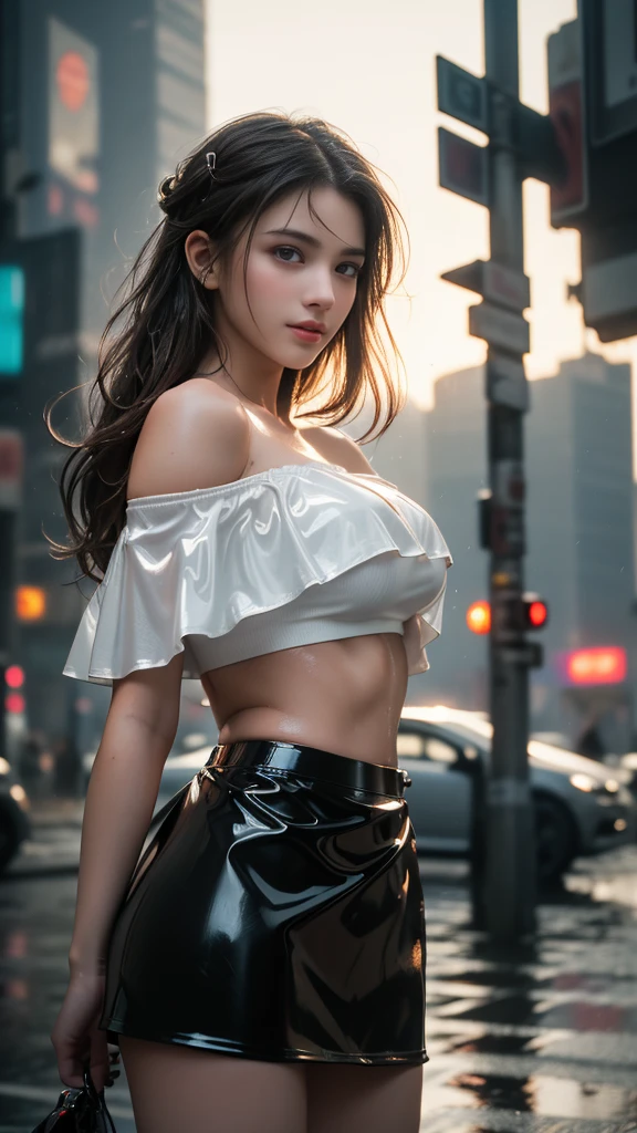 Full Face portrait photo oF 25 year old European girl, RAW, beautiful woman, semi-open strawberry lip, dimples, wistFul expression, (extra long wavy brown hair), ((big breasts)), ((detailed Face)), ((detailed Facial Features)), (Fine detailed skin), pale skin, ((cyberpunk megacity environment at night)), (color fresco), wet, wet, reFlection, (masterpiecePhotographed with Canon EOS R5 (detail) (realistic photos) (Detailed details) 50mm lens, F/2.8, HDR, (8k) (wallpaper) (cinematic lighting) (dramatic lighting) (sharp focus) (Complex), RAW photography, RAW photography, gigachad photography, camera pose, ((short black latex skirt)), rear arm, 8k uhd, DSLR, high quality, grain film, Fujifilm XT3, Stock photo of Kodak Portra 400 F1 4 film camera.6 lenses Rich colors Ultra-realistic textures Spectacular lighting Unreal Engine Art Station Trends Cinestill 800 Tungsten, tough boy style, ultra focused face, intimidating, smiling, combat position, short and messy hair, muscles, burst veins, rosario, (( oFF-shoulder crop top)),