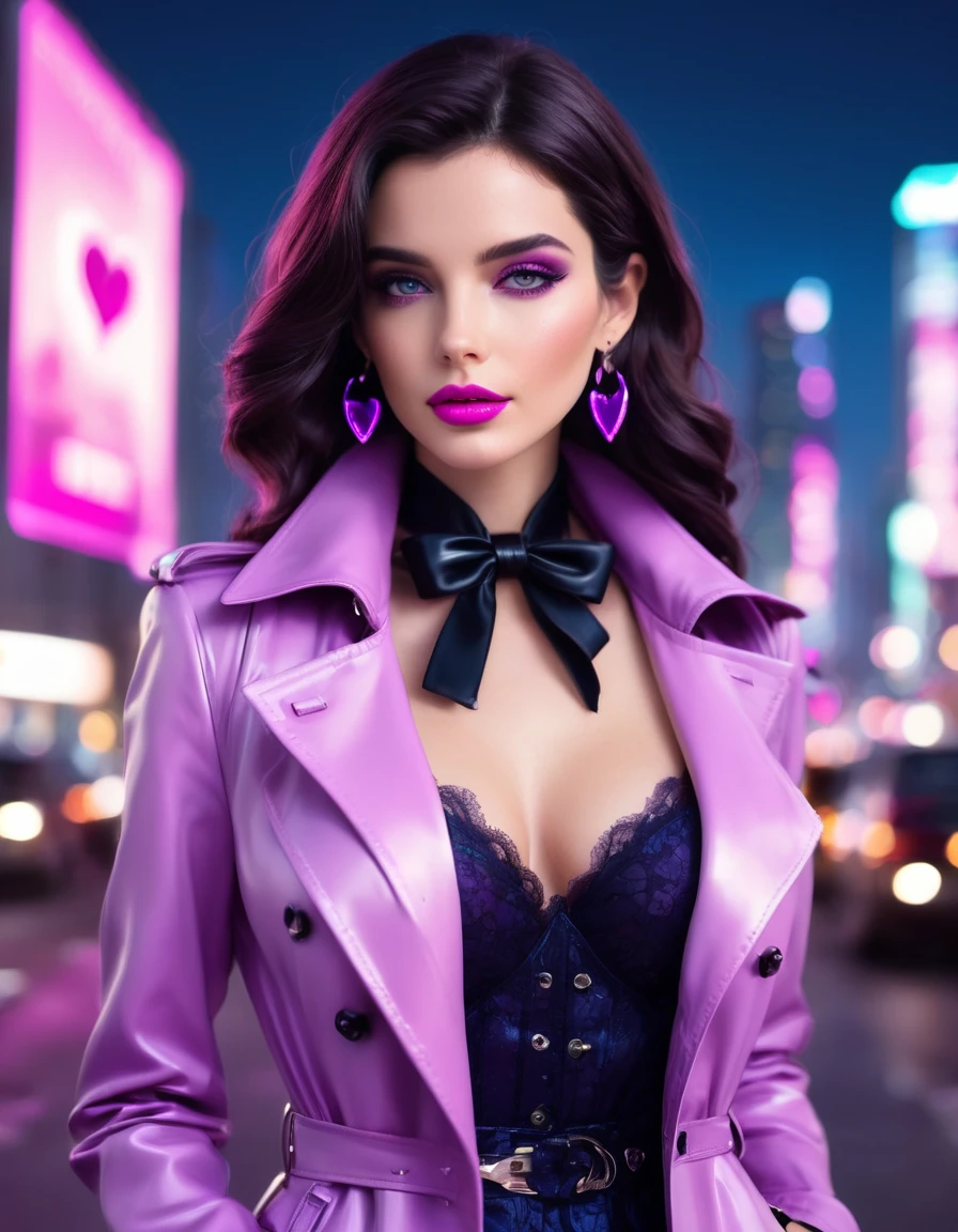 an elegant woman with a confident and stylish appearance. She has wavy, shoulder-length dark hair with purple highlights, and is wearing a vibrant pink wide-brimmed hat adorned with a bow. Her makeup is flawless, with bold eye makeup and pink lipstick. She is dressed in a sleek, shiny purple trench coat over a black lace corset top. Her accessories include large heart-shaped earrings and a matching heart-shaped pendant necklace with blue gemstones. The background is a vibrant cityscape at night, with tall buildings illuminated by neon lights and a deep blue, starry sky. There are soft glowing particles in the air, adding to the magical and futuristic ambiance of the scene. Hyper realistic photo, 16k, vibrant colors