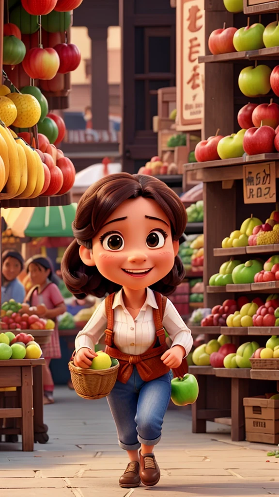 very realistic 4D caricature portrait, a busy traditional market with traders selling their wares, a cute little is running while carrying a balloon, making the fruit seller laugh when she almost hits a pile of apples