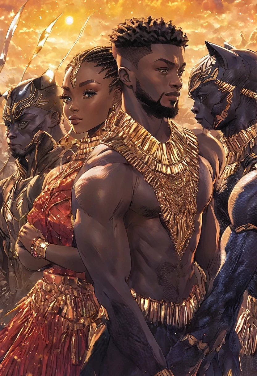 A vivid detailed masterpiece depicting different very beautiful handsome male and female couples of and from Wakanda in striking clear crisp shr sich brilliant bright vivid details