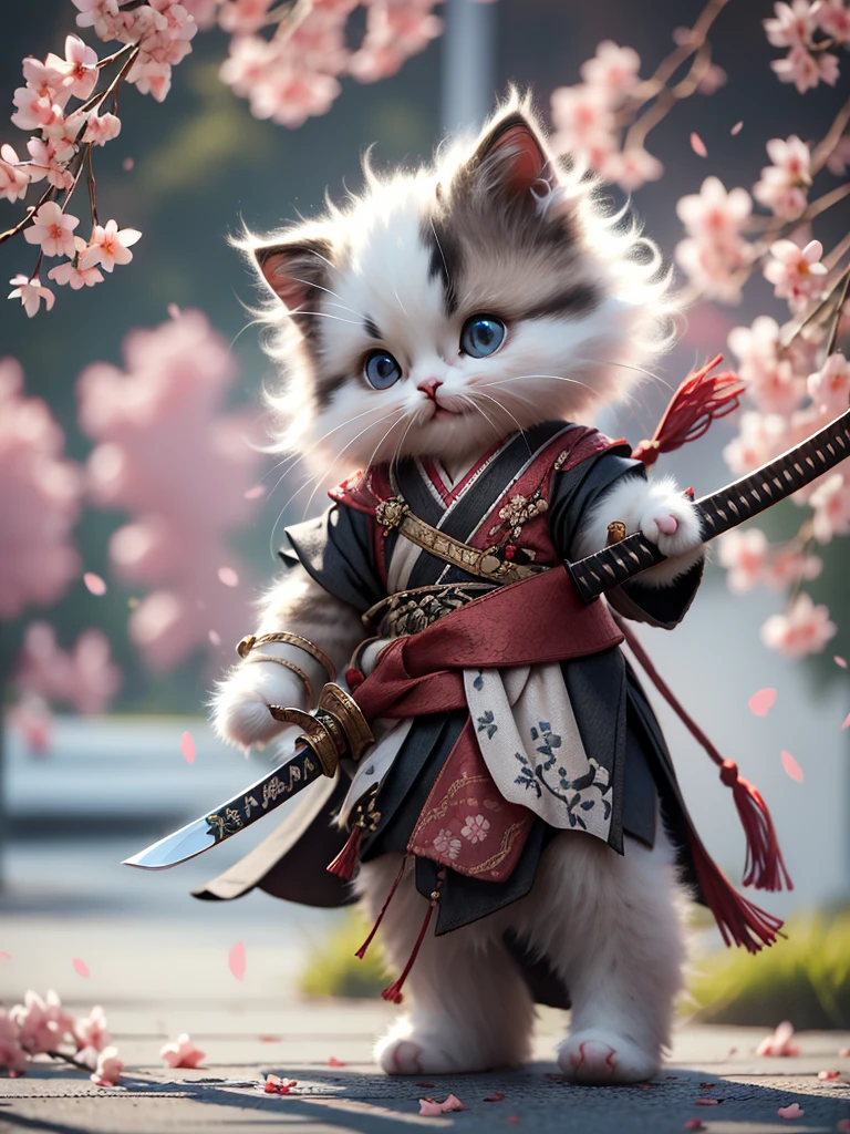 White kittenHanfu, Chinese calligraphy, chinese clothesholding weaponholding swordsakura
