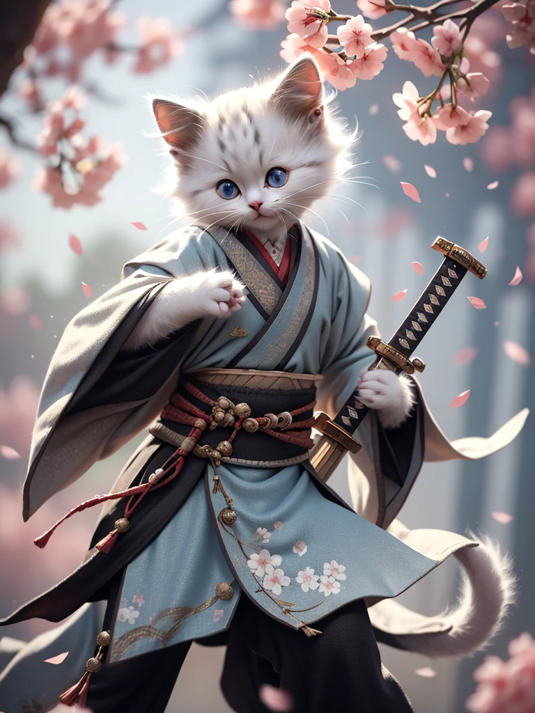 White kittenHanfu, Chinese calligraphy, chinese clothesholding weaponholding swordsakura
