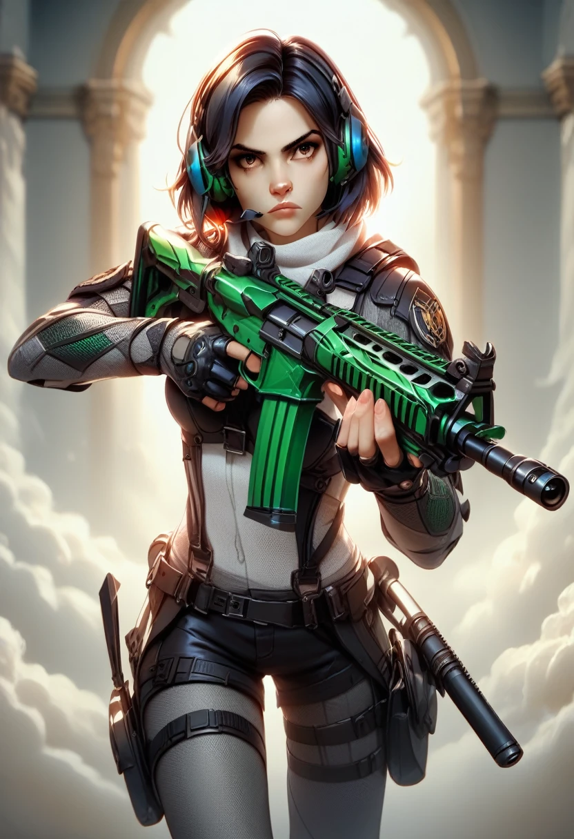 (masterpiece, best quality, high quality, highres, ultra-detailed), 1girl, muslim, brown eyes, full body, gloves, black hair, serious, stoic, headset, holster, kochiy sanae, solo, suppressor, thigh holster, thigh strap, trigger discipline, weapon, medium hair, matching grey pantyhose, black shorts, tights. Holding dual pistols in his detailed hands,