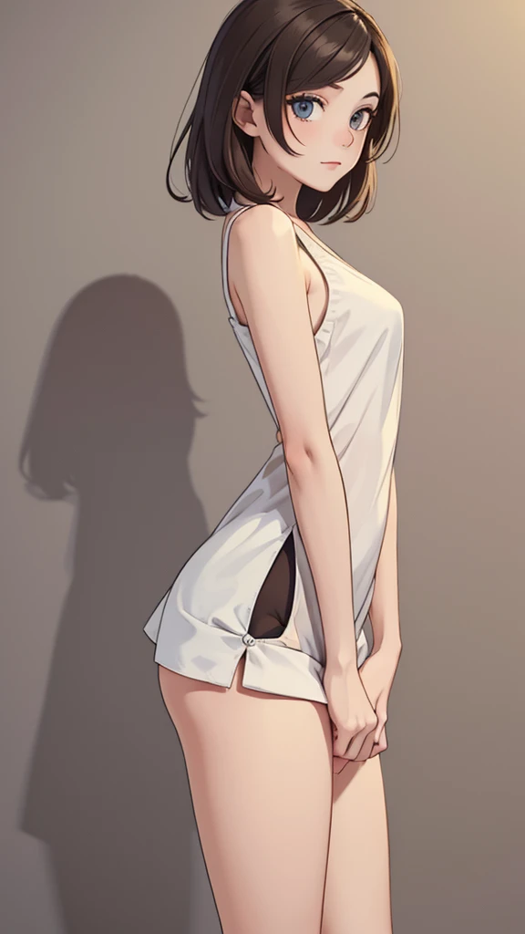 (((masterpiece, best quality, ultra highres, 1 girl, solo, no background))), super detailed skin and face and eyes and finger, beautiful japanese woman, small breasts:1.5, skinny, light brown hair, white background, very short hair, (an illustration of girl), Knee shot, Generate with illustrations, Various expressions, Various poses, Various Costumes, Please draw the entire character within the frame, ensuring that the head, arms, and legs are not cut off. The background should be simple, with the character positioned centrally,