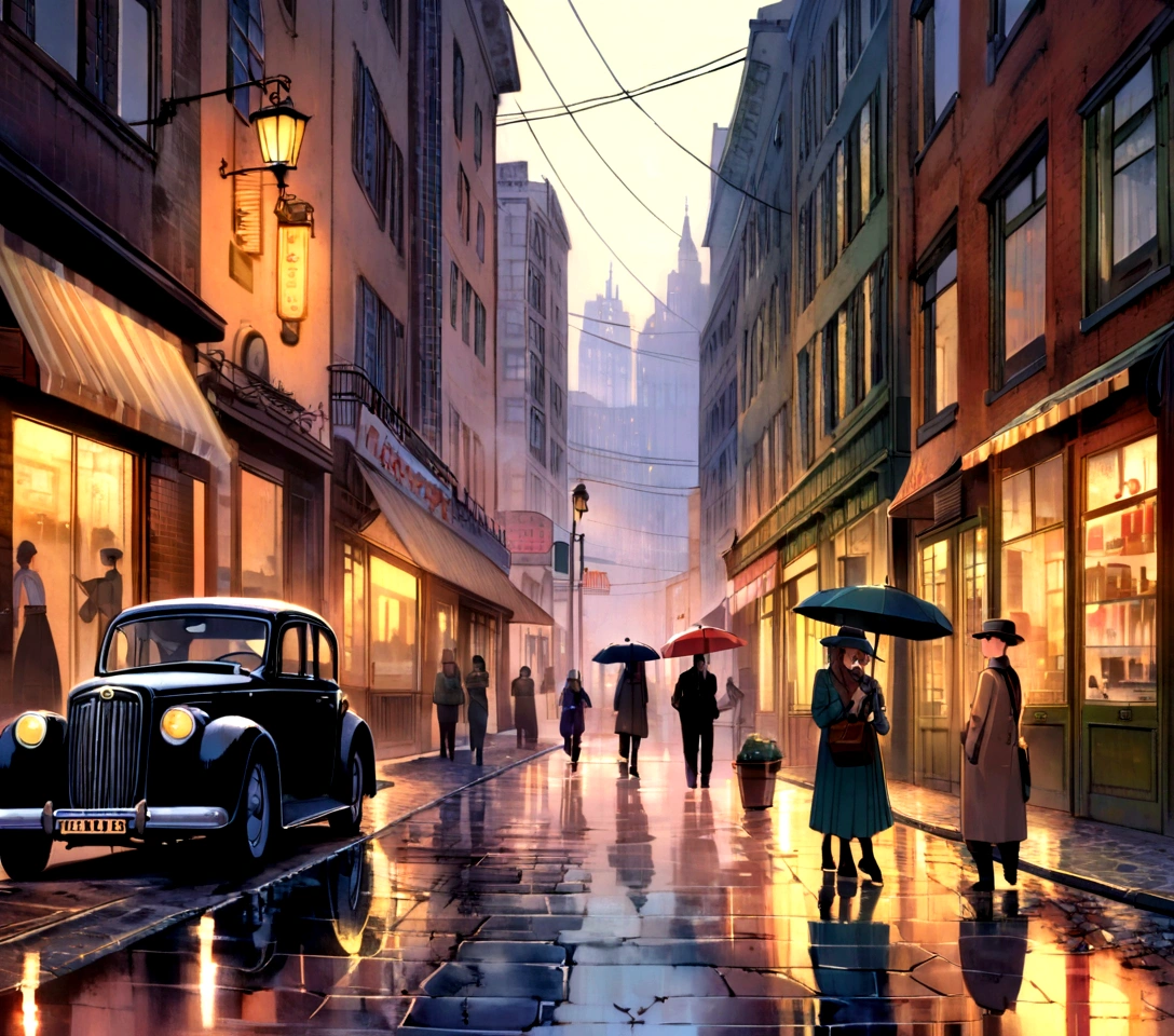 old cars, busy pedestrians, bustling atmosphere, tall buildings, reflection in puddles, city skyline, urban decay, graffiti, cobblestone streets, vintage shop fronts, smoke-filled streets, rainy day, neon signs, motion blur, street vendors, subway entrance, steam rising from manholes, window displays, jazz music, iconic landmarks, art deco architecture, vintage fashion, retro advertisements, bustling cafes, street performers, bustling traffic, brick buildings, fire escapes, old-fashioned lampposts, vintage bicycles, stylish hats, newspaper stands, bustling markets, classic cars, rusted metal, cityscape at dusk, shadows and highlights, brick walls, wrought iron gates, old telephone booths, aged textures, typewriters, vinyl records, wooden benches, street lamps, fashion boutiques, nostalgic atmosphere