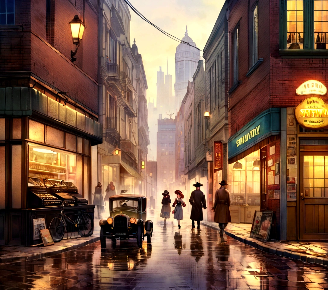 old cars, busy pedestrians, bustling atmosphere, tall buildings, reflection in puddles, city skyline, urban decay, graffiti, cobblestone streets, vintage shop fronts, smoke-filled streets, rainy day, neon signs, motion blur, street vendors, subway entrance, steam rising from manholes, window displays, jazz music, iconic landmarks, art deco architecture, vintage fashion, retro advertisements, bustling cafes, street performers, bustling traffic, brick buildings, fire escapes, old-fashioned lampposts, vintage bicycles, stylish hats, newspaper stands, bustling markets, classic cars, rusted metal, cityscape at dusk, shadows and highlights, brick walls, wrought iron gates, old telephone booths, aged textures, typewriters, vinyl records, wooden benches, street lamps, fashion boutiques, nostalgic atmosphere