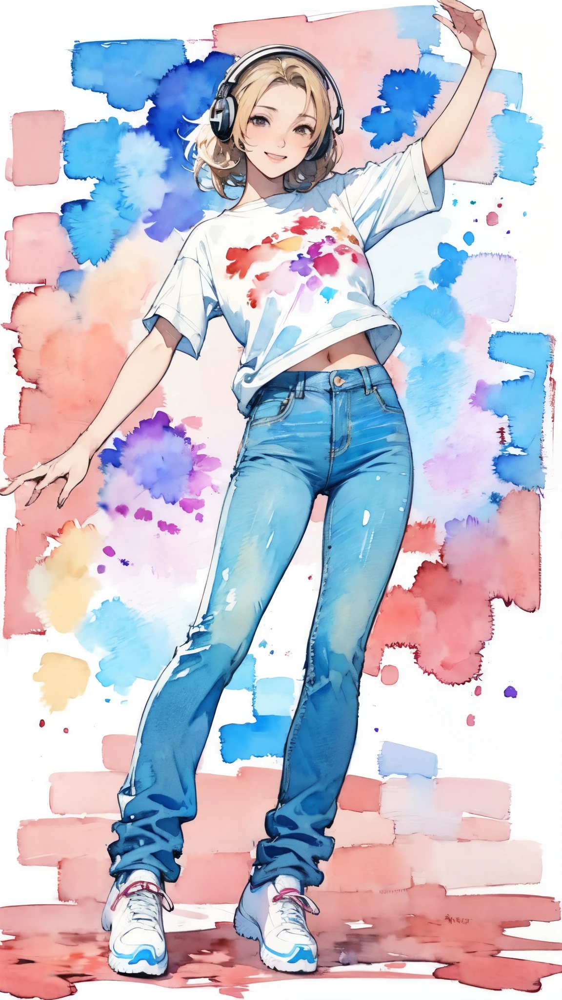 (masterpiece:1.2, Highest quality),(Very detailed),(((watercolor))),8K,wallpaper,(Headphones),(Windbreaker),(Pop T-shirt),(Slim jeans),(sneakers),26 years old,White woman,dancer,Dancing in the streets of New York,(Blonde),(((front))),(((whole body:1.5))),(smile),((Detailed hand drawing)),((Beautiful female hands)),(((透明watercolor:1.4))),(((Have a dynamic dance))),The background is New York