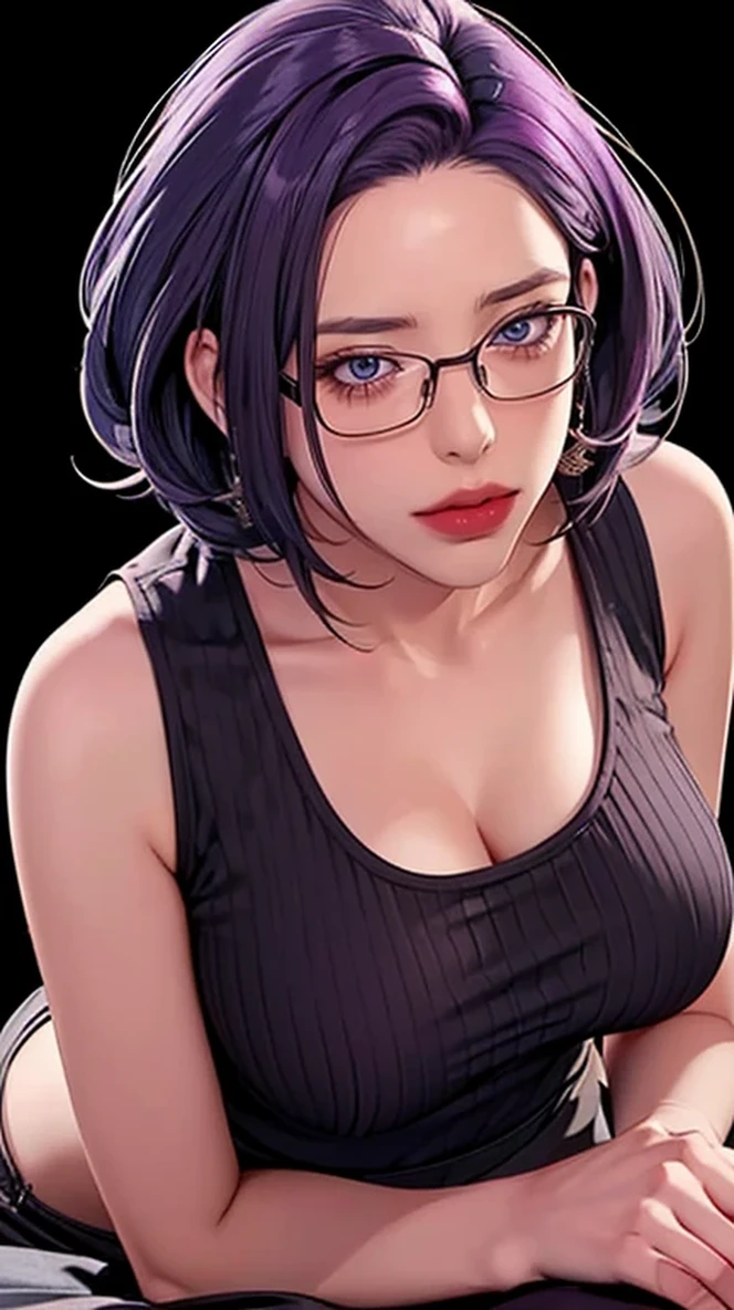 （（（Perfect number，number，Gray sweater, Black skirt, black，（（（JMT,Glasses,Purple Hair,short hair,Purple Eyes,Mijondev，Purple Eyes，Purple Hair，Medium Length Hair，）））型number:1.7））），((masterpiece)),high resolution, ((Best quality at best))，masterpiece，quality，Best quality，（（（ Exquisite facial features，Looking at the audience,There is light in the eyes，Happy，Ha ha））），（（（Interweaving of light and shadow，Huge breasts））），（（（Looking at the camera，BLACK background，Bend forward）））