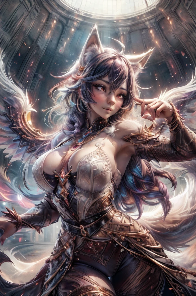 Anthropomorphic female character with the body of a wolf woman, Wearing chic clothing, vibrant fur colors, Detailed facial features, expressive eyes, soft lips, the character dances, realistic rendering, high resolution illustration, realistic lighting, professional illustration, color palette soft and gentle colors, moving dance pose, graceful movement, engaging expression, elegant clothing, mystical background, enchanting ambiance, enchanting and ethereal ambiance, masterfully painted texture on the tail, intricate tail patterns, intricate fur texture, realistic depiction and realistic, captivating and seductive presence, perfectly proportioned figure, delicate details, fascinating artistic quality.
