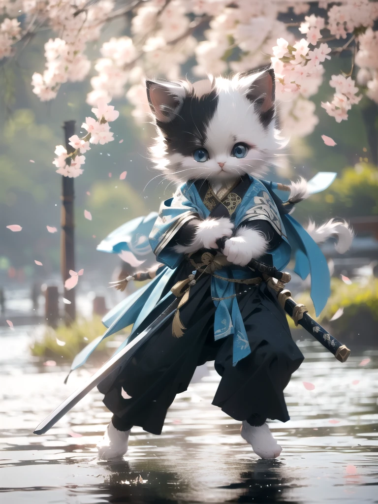 White kittenHanfu, Chinese calligraphy, chinese clothesholding weaponholding sword
