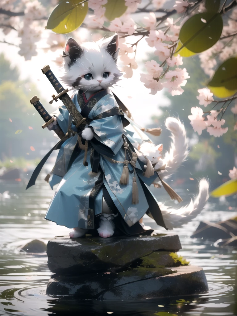 White kittenHanfu, Chinese calligraphy, chinese clothesholding weaponholding sword
