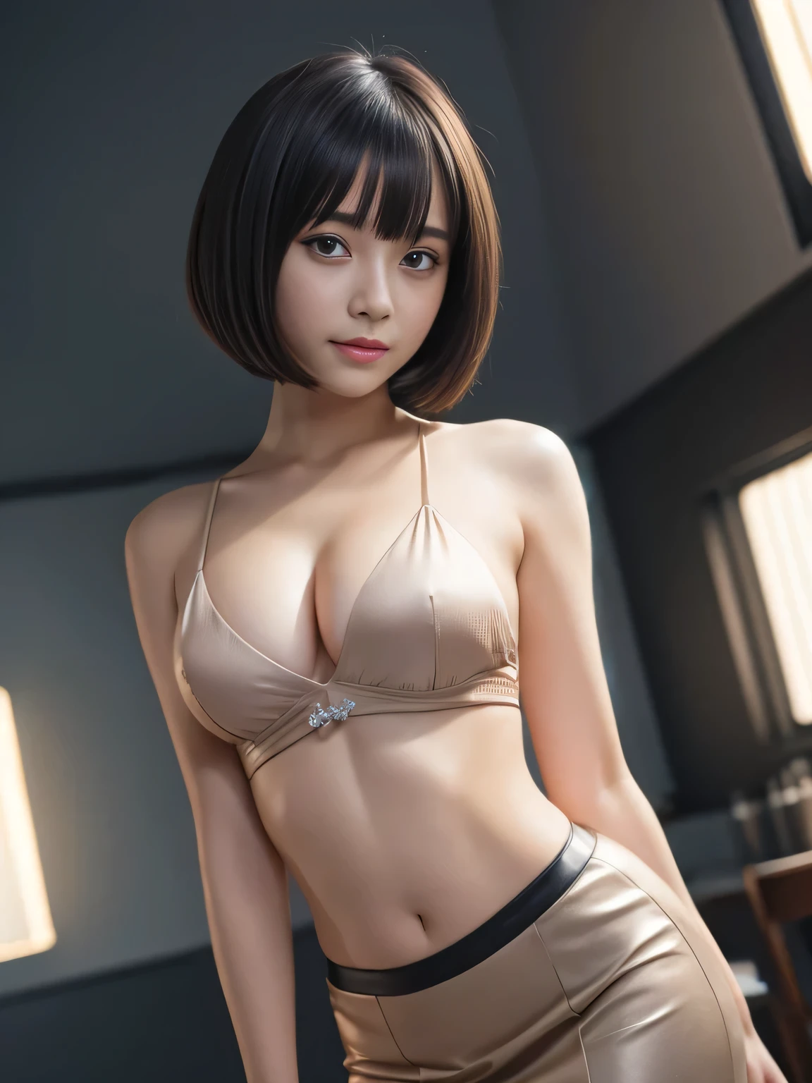 (1girl:1.3), Masterpiece, Best quality, amazing beauty, 4K, absurdres, finely detail, super detailed eye, perfect anatomy, official art, cinematic lighting, BREAK, living, silky bob cut, black hair, super shiny detailed brown eyes, big eyes, tsurime, facing this way, just a little smile, BREAK , big breasts, slim, white skin, Are standing, full body, BREAK , (Jacket:1.2), (Pencil skirt:1.2), BREAK,()