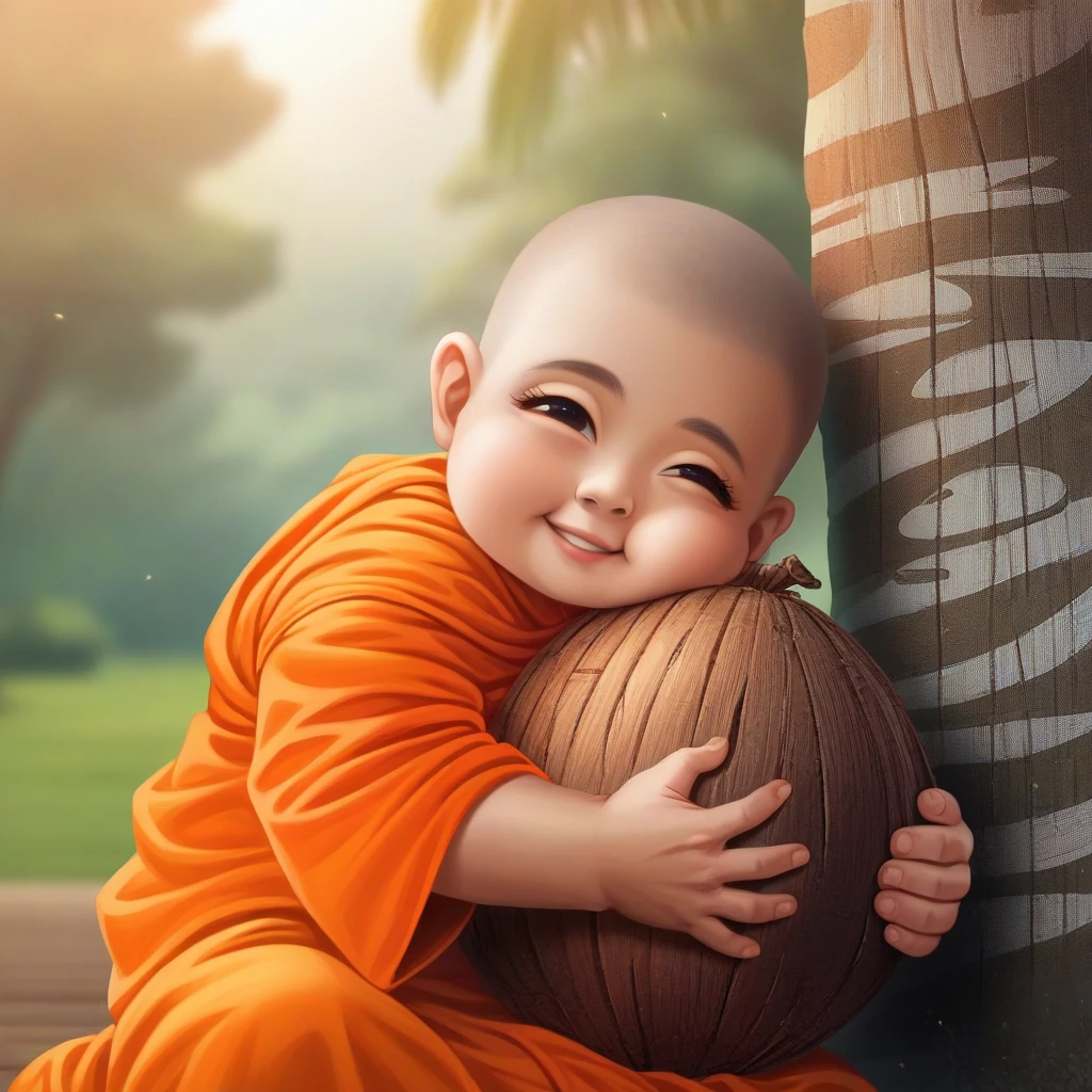 arafed baby in orange robe hugging a coconut tree, beginner, buddhist, buddhism, monk meditate, serene smile, monk, buddhist monk, wallpaper - 1 0 2 4, 4 k post, monk clothes, 4k post, sweet and innocent, screensaver, serene expression, beautiful cute, innocent smile, cute adorable, little kid, peaceful expression, contentment