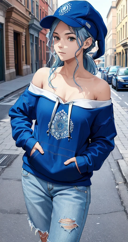 (intricate detail, beautiful:1.2) masterpiece,1girl,solo,long hair,blue hair,hoodie,off shoulder:1.2, mob cap, street,hand on hip, hand in pocket,