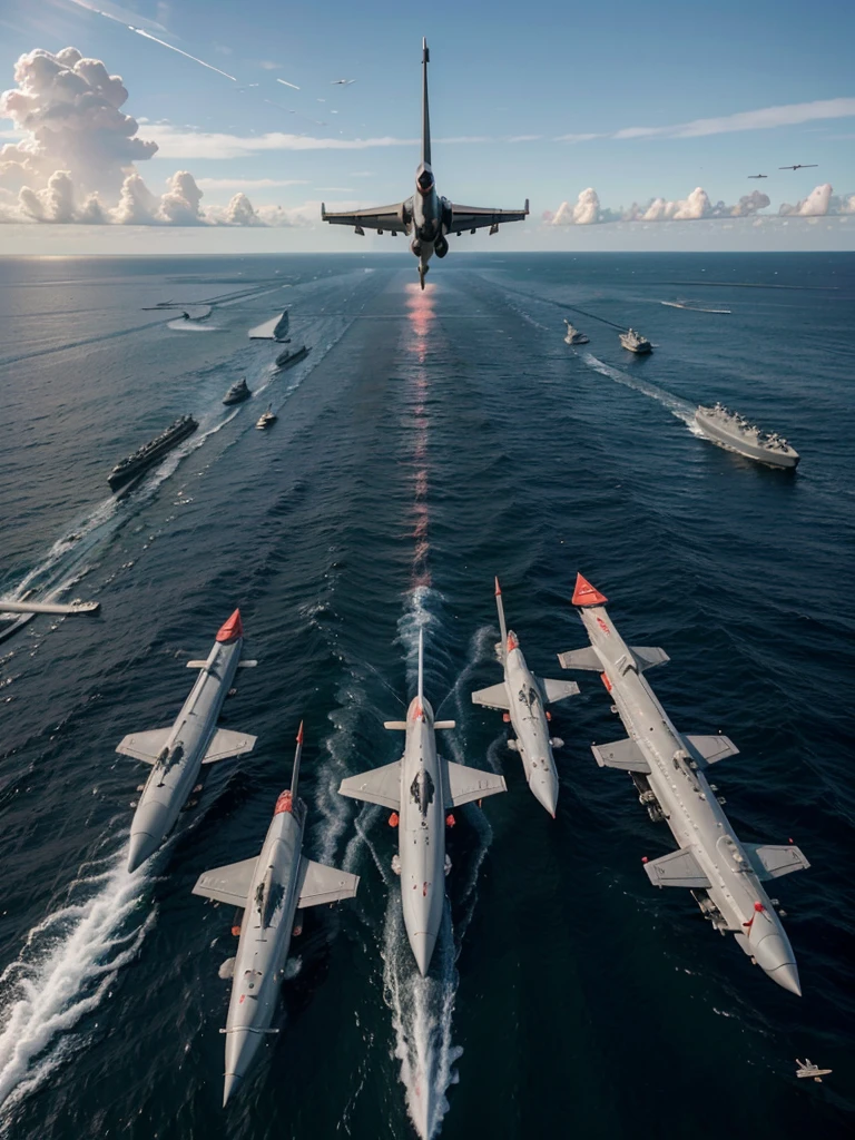 Naval fleet assembly,   Exercises in progress, Fighter jets in the sky，Joint exercise between fighter jets and warships，Mutual bombing，There was a lot of artillery fire，Red Alert 2 aesthetic design