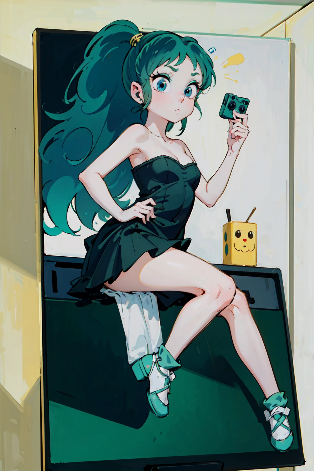 score_9, score_8_up, score_7_up, lum, solo, retro artstyle, 1980s style, blue eyes, eyeshadow, green hair, bangs, aqua hair, dynamic angle, large breasts, large ass, little tribal,(((little,small tiny body,chibi,small))),(((6 years old))),(((1 toddler:1.4))),(baby face),(round face),(big forhead:1.2),(beautiful big eyes:1.3),extremely detailed cute anime face, ((best quality, masterpiece, absurbres, super-resolution)), Soft Pastel Aesthetic, Gaming Console, friends, multiple people, chilling at home, playing video game, LCD Screen, Fun, ((Eyelid pull)),