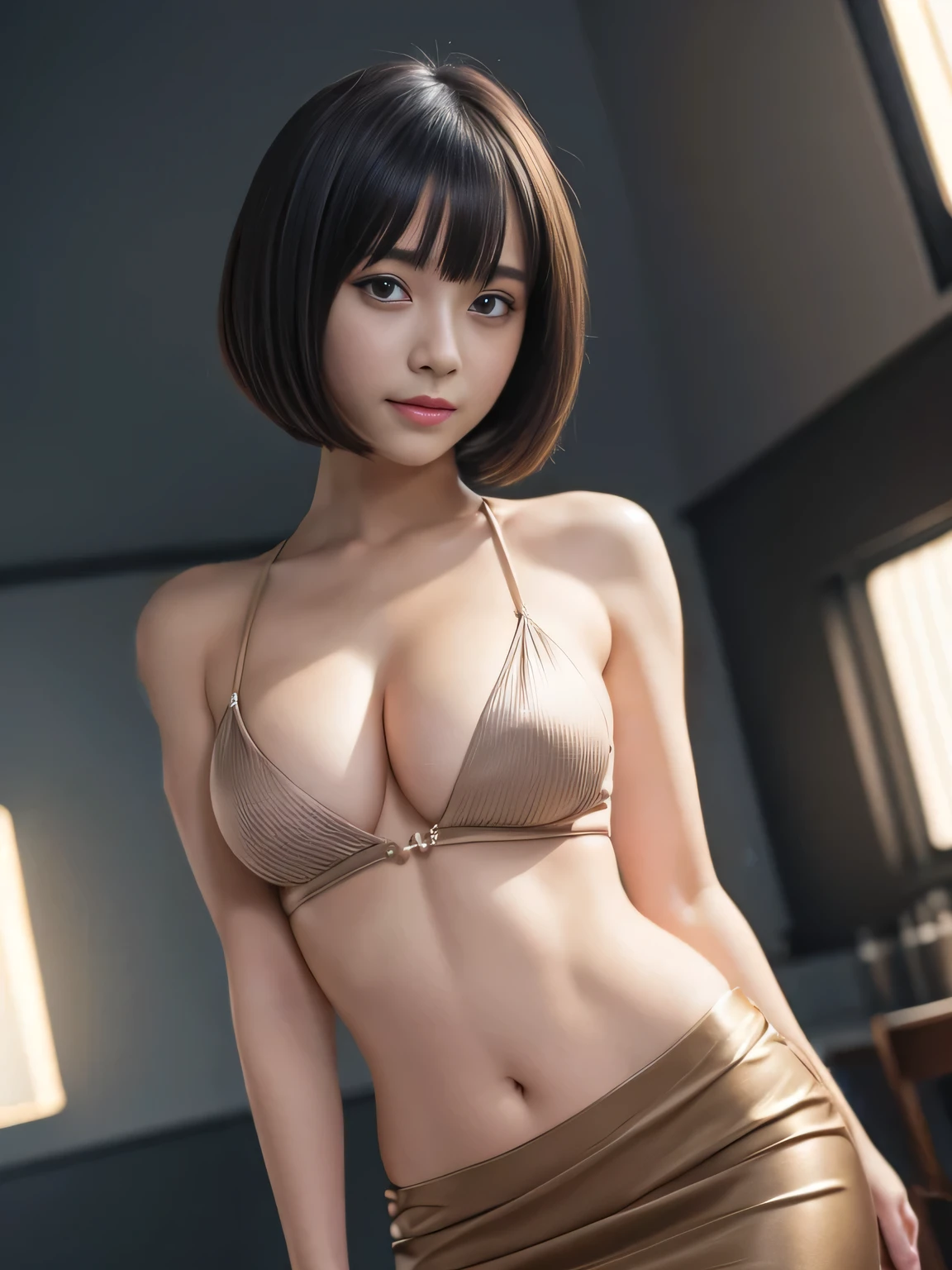 (1girl:1.3), Masterpiece, Best quality, amazing beauty, 4K, absurdres, finely detail, super detailed eye, perfect anatomy, official art, cinematic lighting, BREAK, living, silky bob cut, black hair, super shiny detailed brown eyes, big eyes, tsurime, facing this way, just a little smile, BREAK , big breasts, slim, white skin, Are standing, full body, BREAK , (Jacket:1.2), (Pencil skirt:1.2), BREAK,()