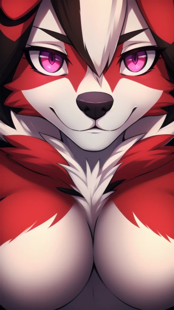 By zinfyuu on pixiv,by twistedscarlet60, uploaded on pixiv, by fluff-kevlar, (masterpiece), (best quality), (anthro furry:1.3, snout:1.2, anthro:1.3, furry:1.2, solo female:1.2),(detailed eye, pink eye),BREAK,pokemon, lycanroc, lycanroc midnight,nude, sfw ,:o, kiss me, close up camera angle