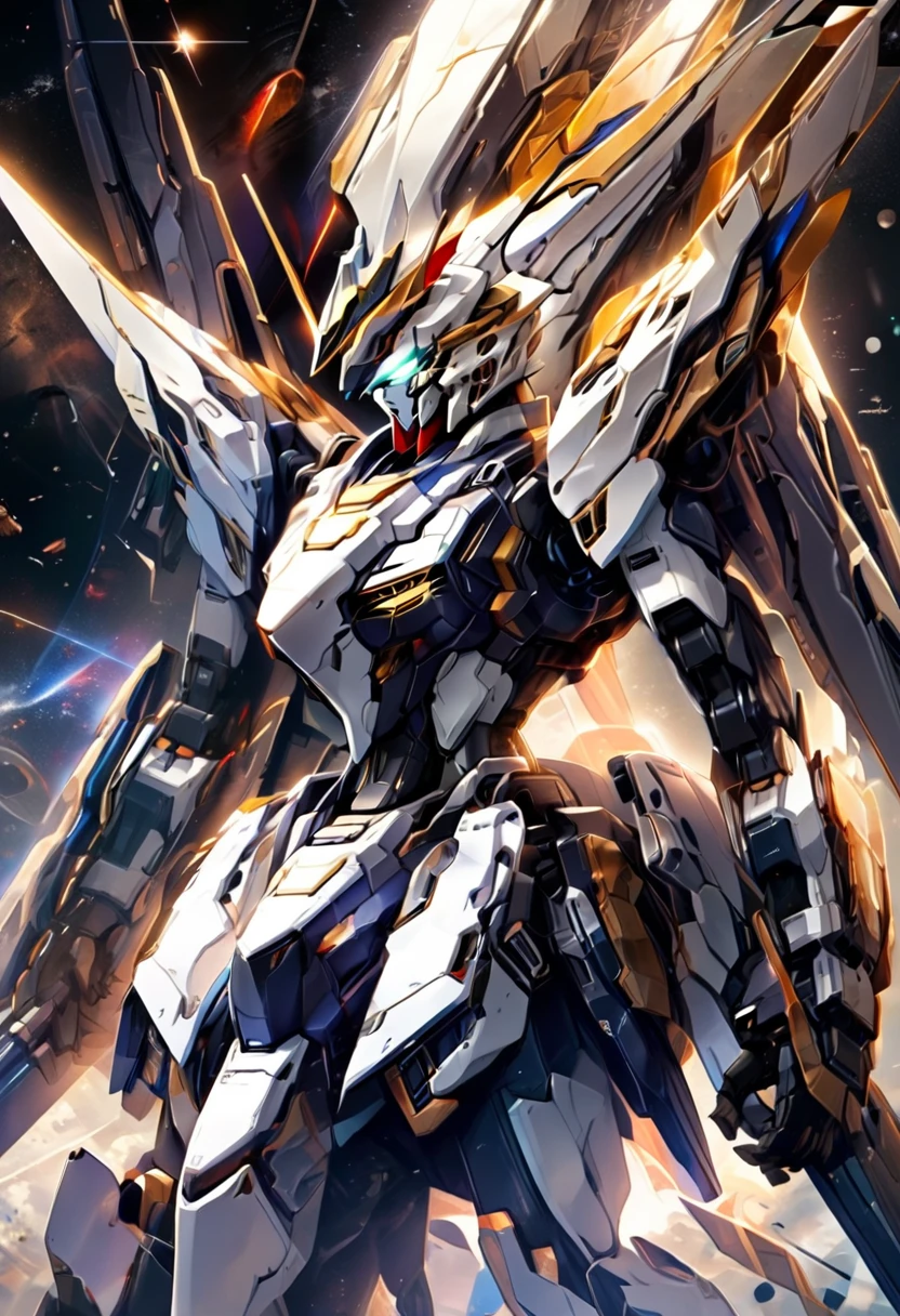 universe space、Facing the enemy、Two planes are fighting、、Draw two planes、They are locked in a beam sabre duel.、8 heads、Gundam、Draw a side view、Draw at the same size、One is white-based and the other is black-based