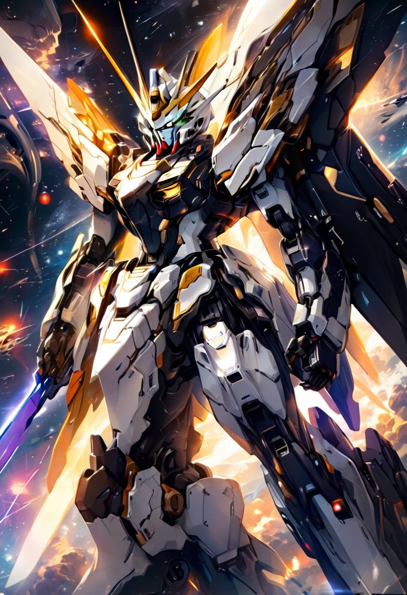 universe space、Facing the enemy、Two planes are fighting、、Draw two planes、They are locked in a beam sabre duel.、8 heads、Gundam、Draw a side view、Draw at the same size、One is white-based and the other is black-based