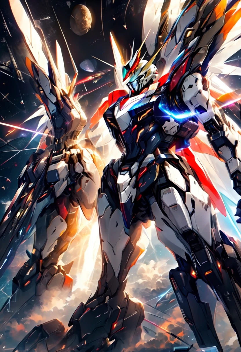 universe space、Facing the enemy、Two planes are fighting、、Draw two planes、They are locked in a beam sabre duel.、8 heads、Gundam、Draw a side view、Draw at the same size、One is white-based and the other is black-based