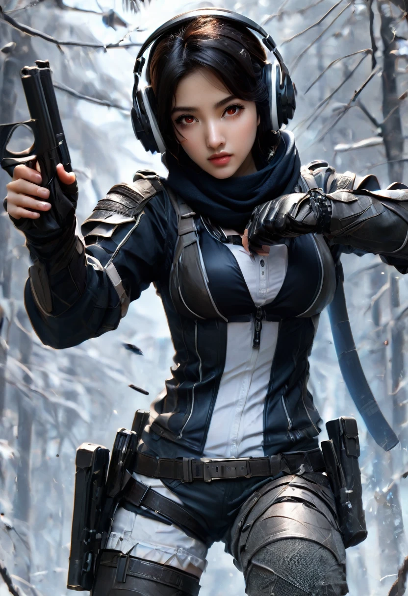 (masterpiece, best quality, high quality, highres, ultra-detailed), 1girl, muslim, brown eyes, full body, gloves, black hair, serious, stoic, headset, holster, kochiy sanae, solo, suppressor, thigh holster, thigh strap, trigger discipline, weapon, medium hair, matching grey pantyhose, black shorts, tights. Holding dual pistols in his detailed hands, 