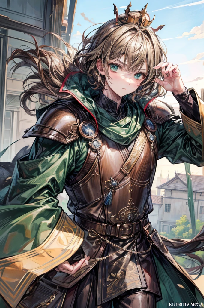 (Masterpiece, best quality, perfect face, expressive eyes), ผู้man 1 คน, (anime), (man), (adult), sage green eyes, light brown hair, crown, ride a horse, brown fur coat, house armor,  