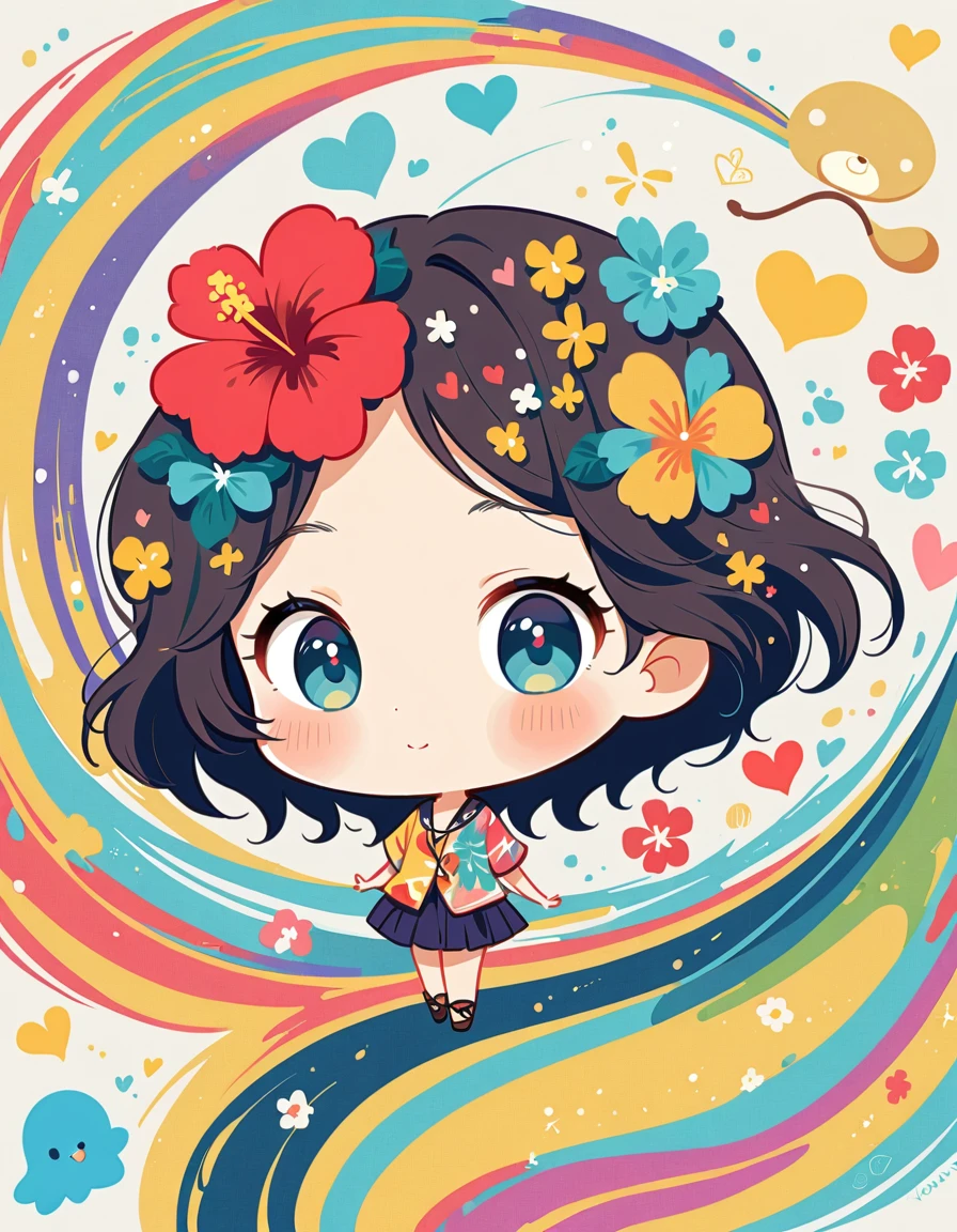 Mai Yoneyama style, Simple Line Initialism,Abstract art,Hawaii Travel, colorful hearts ,(((The most beautiful girl of all time))), (((chibi))), (((Cute amoeba))), hibiscus