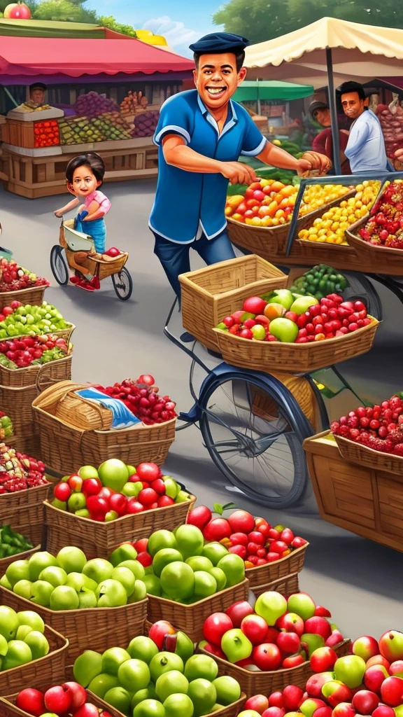 very realistic 4D caricature portrait, a busy traditional market with traders selling their wares, a cute little is running while carrying a balloon, making the fruit seller laugh when she almost hits a pile of apples