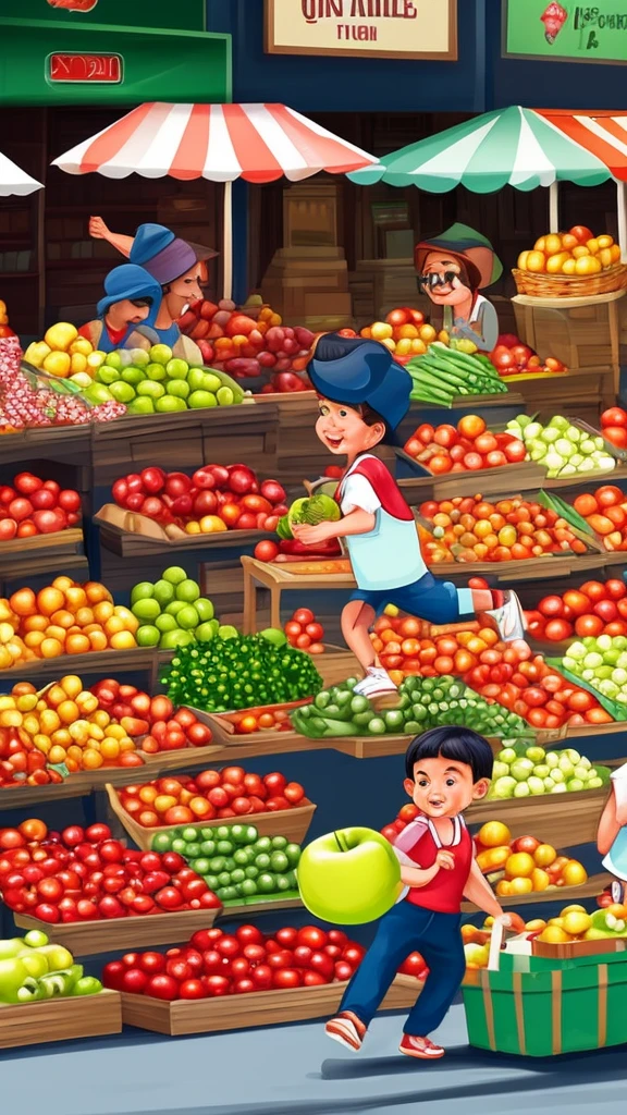 very realistic 4D caricature portrait, a busy traditional market with traders selling their wares, a cute little is running while carrying a balloon, making the fruit seller laugh when she almost hits a pile of apples