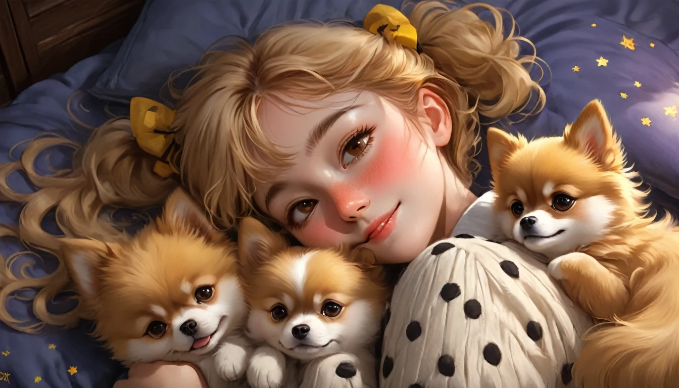 best quality, Masterpiece, Hogwarts students, Hufflepuff, Short hair with high twin tails, Short hair with golden blonde twin tails.,Beautiful  sleeps,Along with her adorable Pomeranian puppy., cute and bright,smile, Freckles on the face, brown eyes details, detailed face, Beautiful skin, soft light, soft shadow, Fine texture, dynamic light,