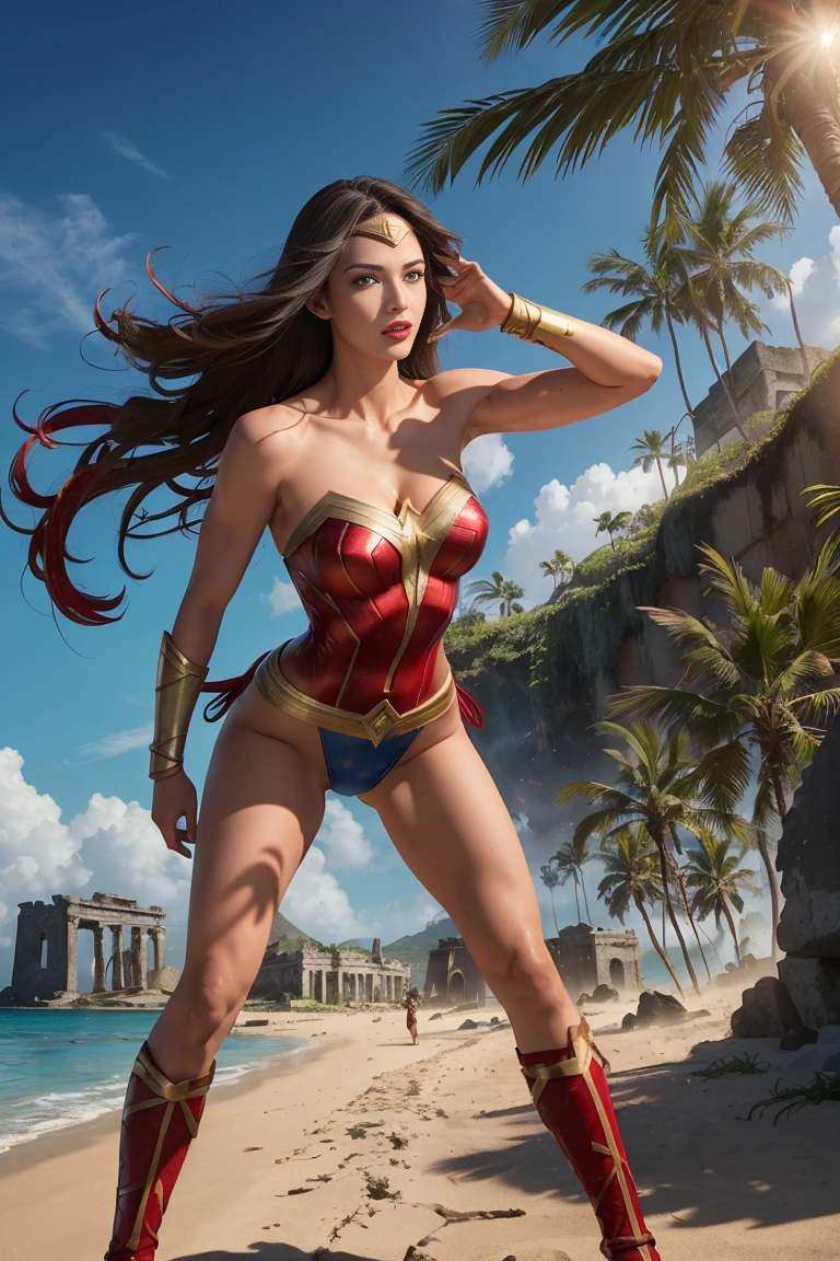 full body sexy beauty muscular ************ Wonder Girl, tall muscular, black long straight hair, blue eyes, red lips, Wonder Girl costume, Wonder Girl in combat position on the beach of a tropical island, lush vegetation, palm trees, bushes, ancient ruined city in the distance, fog, blurred shadows, photorealistic,