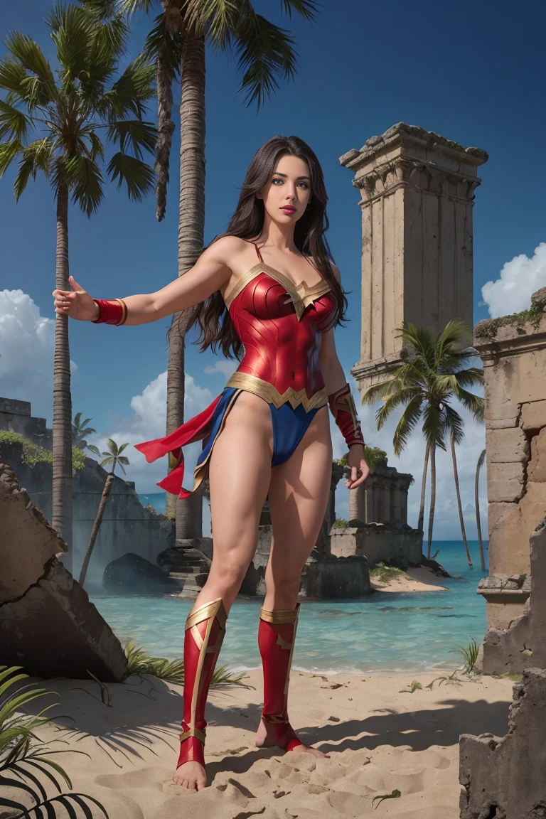 full body sexy beauty muscular ************ Wonder Girl, tall muscular, black long straight hair, blue eyes, red lips, Wonder Girl costume, Wonder Girl in combat position on the beach of a tropical island, lush vegetation, palm trees, bushes, ancient ruined city in the distance, fog, blurred shadows, photorealistic,