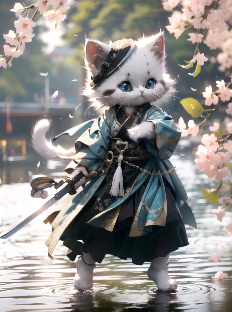 White kittenHanfu, Chinese calligraphy, chinese clothesholding weaponholding sword
