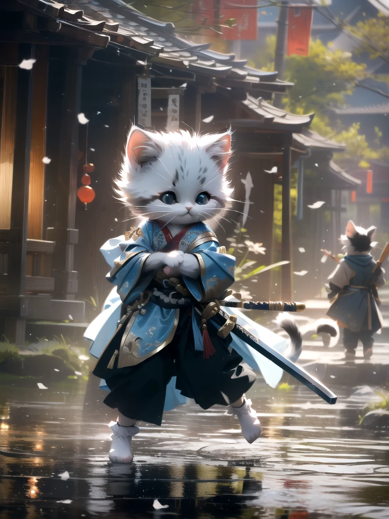 White kittenHanfu, Chinese calligraphy, chinese clothesholding weaponholding sword
