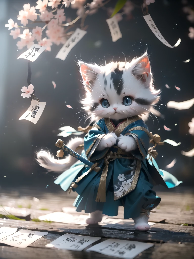 White kittenHanfu, Chinese calligraphy, chinese clothesholding weaponholding sword
