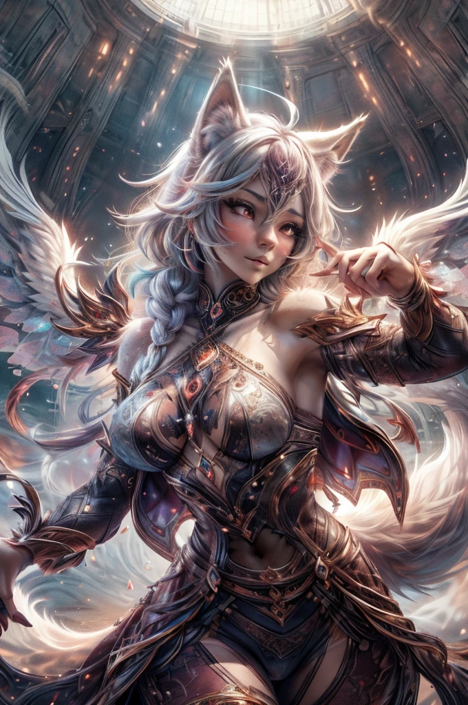 Anthropomorphic female character with the body of a wolf woman, Wearing chic clothing, vibrant fur colors, Detailed facial features, expressive eyes, soft lips, the character dances, realistic rendering, high resolution illustration, realistic lighting, professional illustration, color palette soft and gentle colors, moving dance pose, graceful movement, engaging expression, elegant clothing, mystical background, enchanting ambiance, enchanting and ethereal ambiance, masterfully painted texture on the tail, intricate tail patterns, intricate fur texture, realistic depiction and realistic, captivating and seductive presence, perfectly proportioned figure, delicate details, fascinating artistic quality.