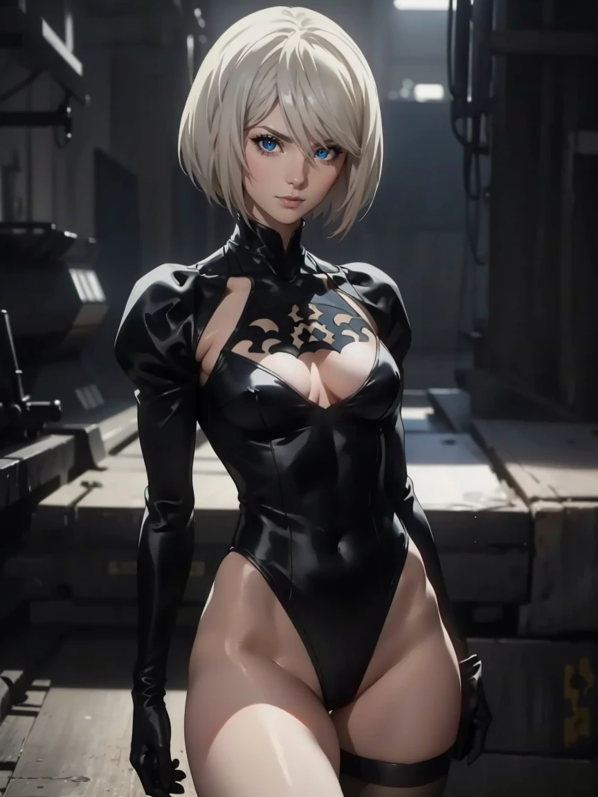 yorha no. 2 type b, neckline on the chest, white , black stockings, high black boots, gloves, showing eyes, black and white leotard, Bob hairstyle, Cutouts on the shoulders, Cutouts on the chest, Neckline at the waist, ((leotard)), gloomy composition, gloomy background, Ruins, ruined city, Very detailed, stands on the edge of the roof, gloomy atmosphere, very detailed eyes, grey-blue eyes, Beautiful figure, night city, Cyberpunk city, very detailed eyes, Beautiful figure, 1 girl, facing the viewer, Beautiful figure,cowboy shot, Slim, Slender figure, shapely legs, Anime style, white colored hair, Very detailed face, Very beautiful face, sexy,autiful slim figure, Light, femininity, masterpiece, higly detailed, 8K UHD, detailed face and body, expressive look, small breasts,ened sexuality, look viewer. ((cowboy shot)), artgerm