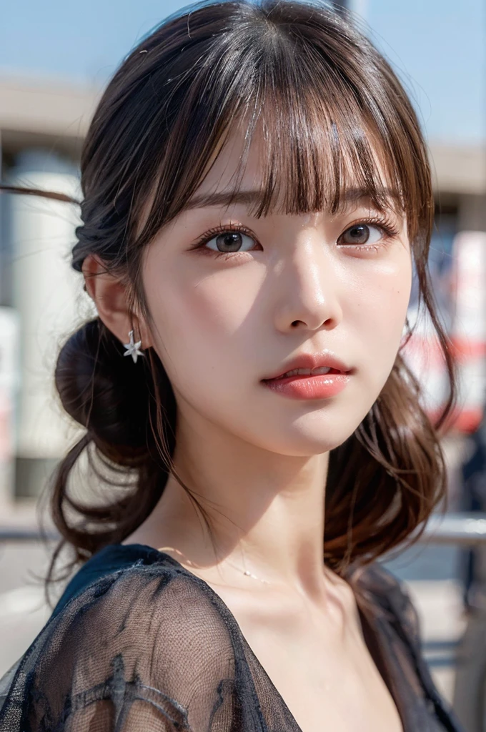 (masterpiece:1.3), high resolution, ultra detailed, extremely detailed CG unity 8k wallpaper, realistic, photo-realistic, RAW photo, beautiful detailed face, pale skin, realistic glistening skin, detailed cloth texture, detailed hair texture, Perfect body, Beautiful Face, accurate, Anatomically correct, Highly detailed face and skin texture, natural neck length, (beautiful hands), (fair skin:1.1), (well-aligned teeth:1.1), (Sweaty skin:1.2), baby face,
BREAK,
Detailed eyes, symmetric eyes, Light Brown eyes, Double eyelids, Thin eyebrows, (Glossy lips:1.4), ((A face with waiting for a kiss:1.2)), (blush:1.1), (A sparkling small hair accessory:1.1),
BREAK,
(A classy and Cute woman1.3), (, nsfwpple, 1.2),
BREAK,
medium large breasts, slendre, firm abs,
((updo hairstyle, Dark blonde hair, wavy hair, long hair, asymmetric bangs:1.2)), (cowboy shot:1.3), (looking at viewer), From above,
BREAK,
(((A view of Tokyo at morning:1.3))),