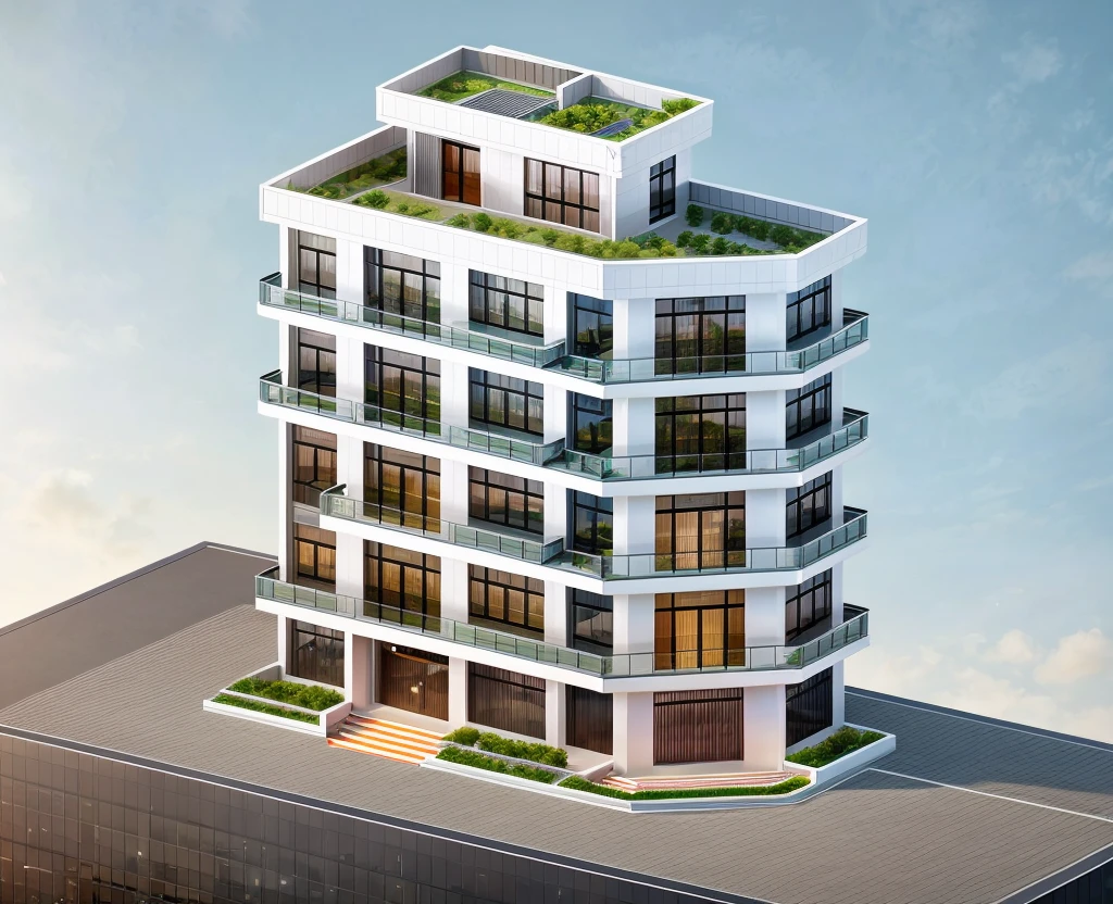 (masterpiece, best quality:1.2), rendering of a modern office building ,hotel, office building ,city landscape, white wall, black glass window