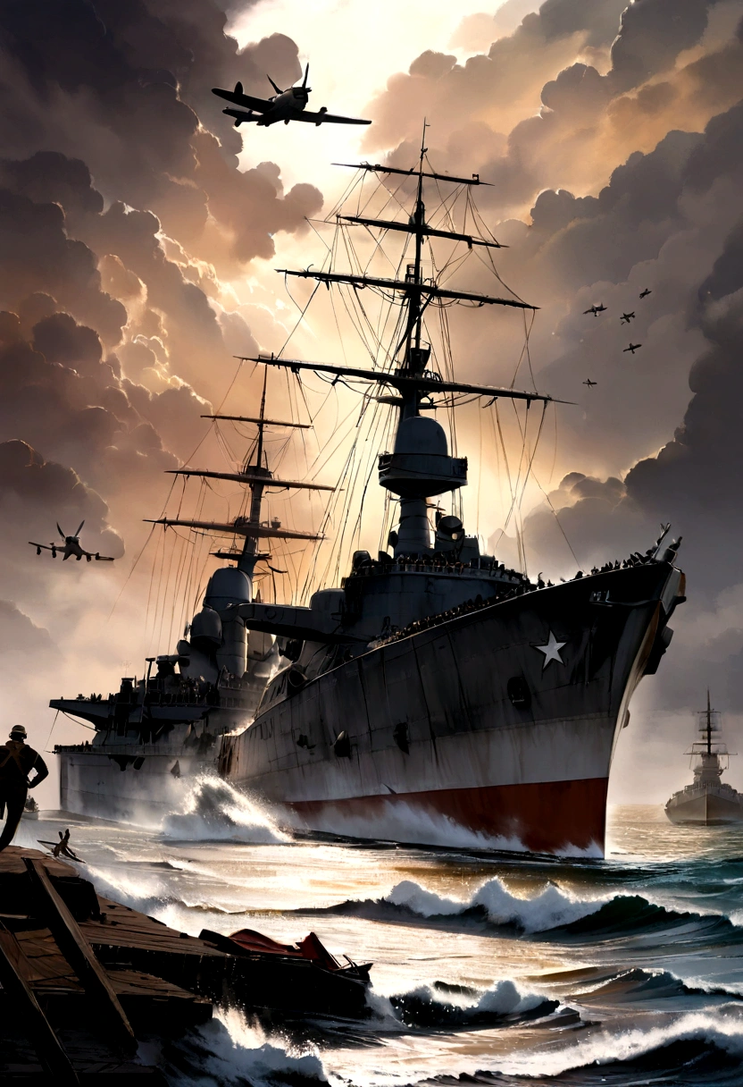 "Decisive Moments at the Battle of Pearl Harbor During World War II, A massive aircraft carrier is surrounded by fighter jets during a fierce battle. Capture scenes in the best quality, Displays the intricate details of the aircraft in an extremely realistic manner. The medium used to depict this is photo-realistic illustration, Emphasize the seriousness and importance of this moment. Vivid scene colors, create vividness、An immersive experience. The light is very strong, Dramatic highlights and shadows create an atmosphere of tension and urgency. Other details included thick smoke billowing from the damaged ship., explode, and the chaos of war, Add depth and realism to your scene. This prompt is designed to produce a strong and visually striking image,In memory of the bravery and sacrifice of the soldiers who fought at Pearl Harbor."