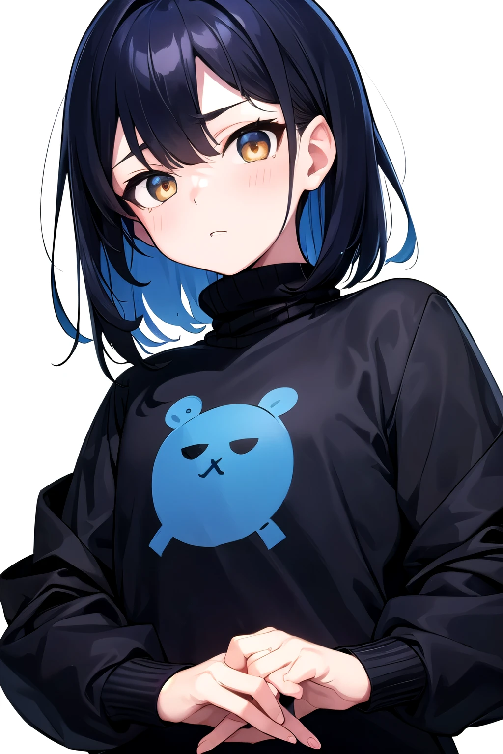 ((beste Qualität)), Gold Eyes, Boy, Dark blue hair, medium length hair, black pullover with a white pattern on it, Anime, VTuber, Looking into the viewer, Half-body Picture, white background, Neutral pose, Gender Male