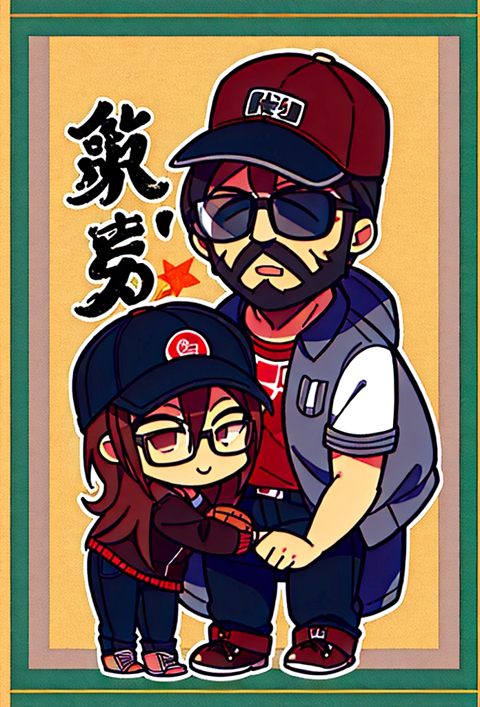 Man wearing a baseball cap、Black-rimmed glasses、Beard、Black Sukajan、Levi's 501、Reddish brown boots