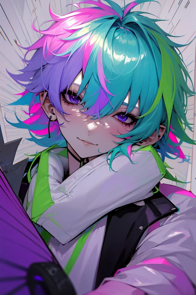 Pale skin, light blue hair, green streaks in hair, pink streaks in hair, purple streaks in hair, black eyes, birthmark on right eye, cute, pretty, raining, umbrella, short hair, messy hair